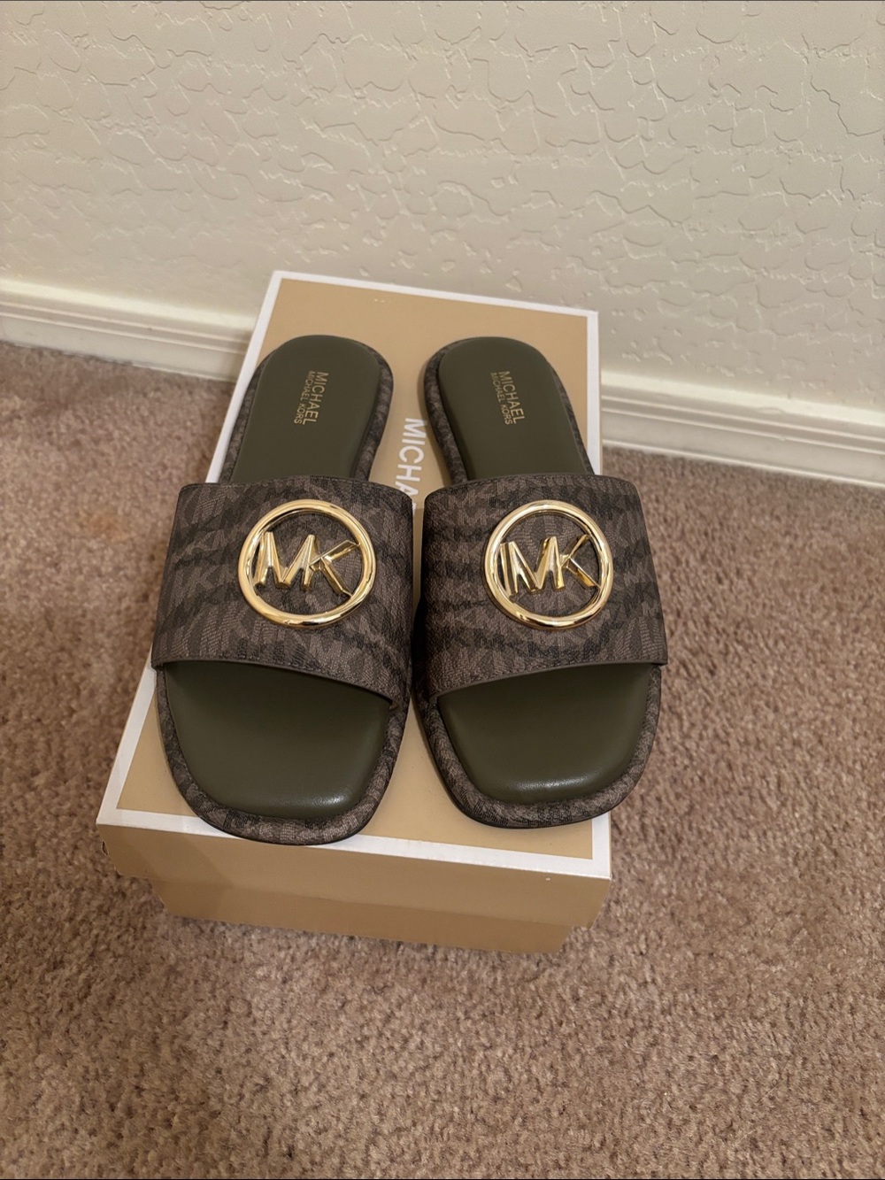 Michael Kors Brown Monogram Slide Sandals with Gold Logo